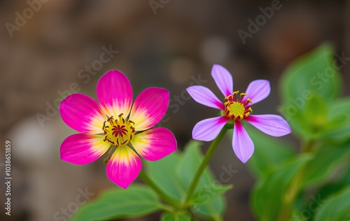 A vibrant pink and yellow flower blooms next to a soft purple flower.