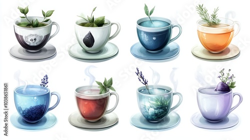 A colorful array of artistic teacups, each filled with unique herbal blends and adorned with plants, creating a soothing, inviting atmosphere.