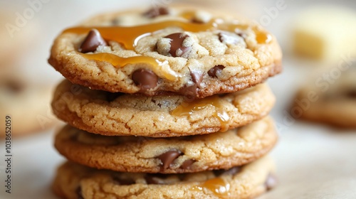 Stack of gooey caramel chip cookies, isolated on a pale beige surface, with decorative caramel drizzle and butter pats