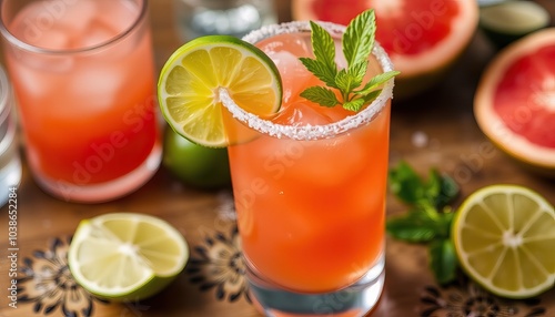 Close-up of a refreshing grapefruit cocktail garnished with a lime wedge and mint.