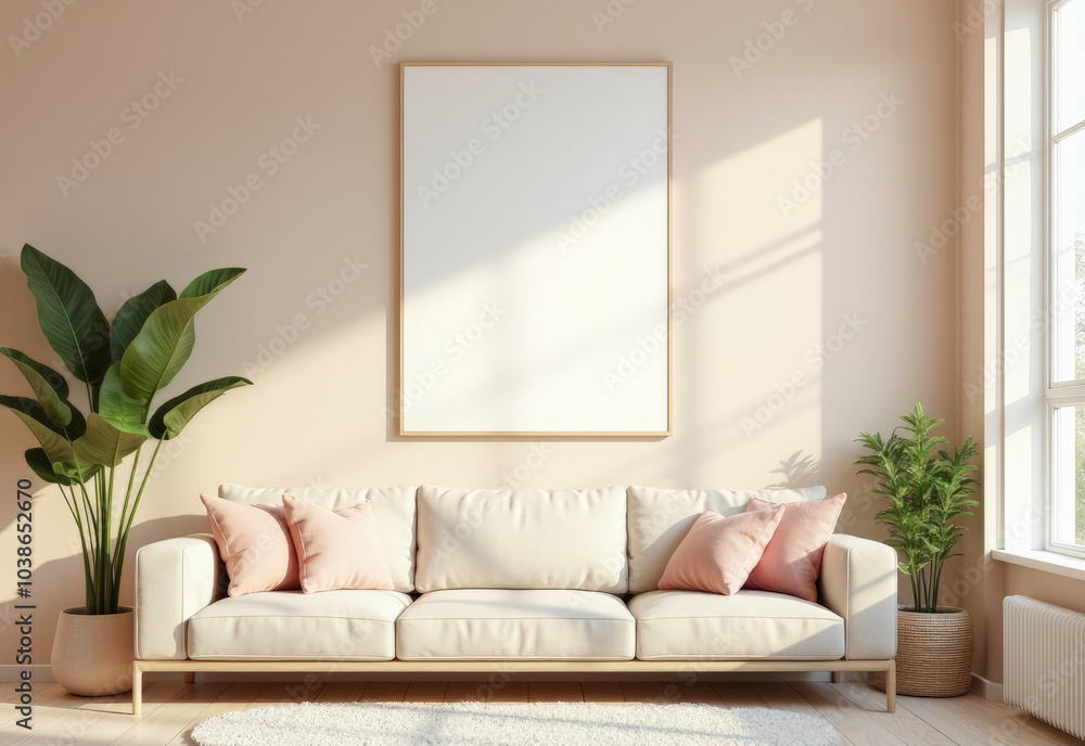 Naklejka premium a bright living room with sofa and Mockup frame on the wall for a copy space,
