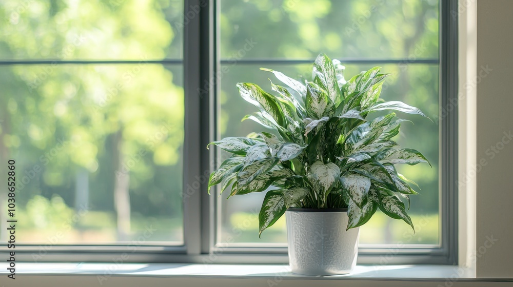 Fototapeta premium A Silver Queen plant featured in a contemporary home office, with natural light filtering through large windows.