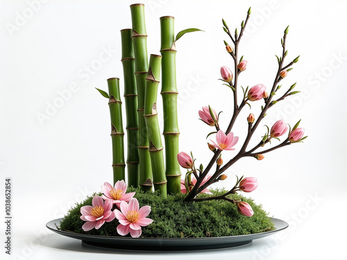 Vase with pink flowers and bamboo stems photo