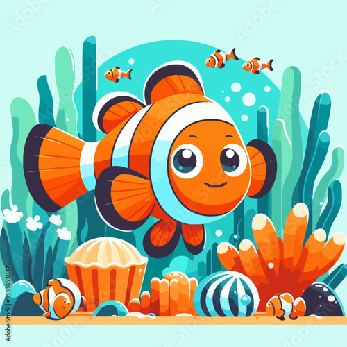 A colorful fish with a happy expression is swimming