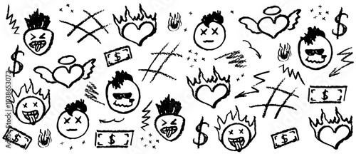 Black wax crayon drawing grafitti elements. Collection of vector charcoal outline symbols cute fire heart, mohawk hairs, mouth stick out tongue on the wall. Kids drawing by marker retro rock elements