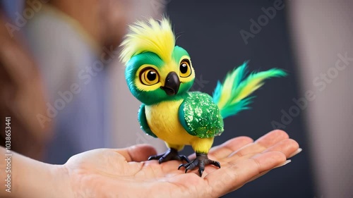 Green Feathered Parrot with Sparkles in Hand photo