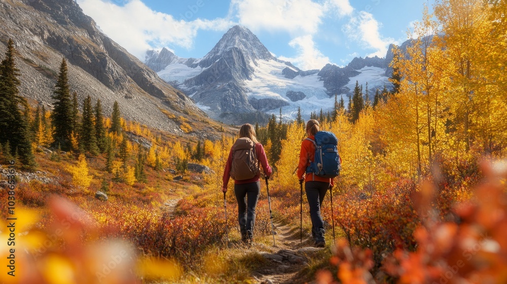 A young couple hiking in the mountains with stunning autumn colors all around them. A young couple hiking in the mountains with stunning autumn colors all around them.