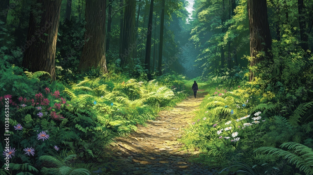 Obraz premium A peaceful forest path lined with ferns and wildflowers, with a person gently walking through, enjoying the stillness and fresh air as part of their Shinrin-yoku practice, surrounded by dense greenery