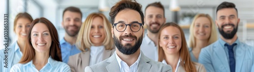 Smiling bearded man in glasses leading a diverse team of professionals.