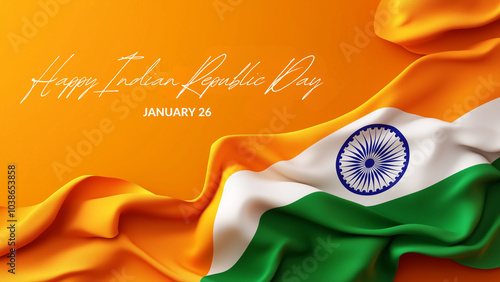 Happy Republic Day of India celebration on January 26. Indian flag and text on orange background
