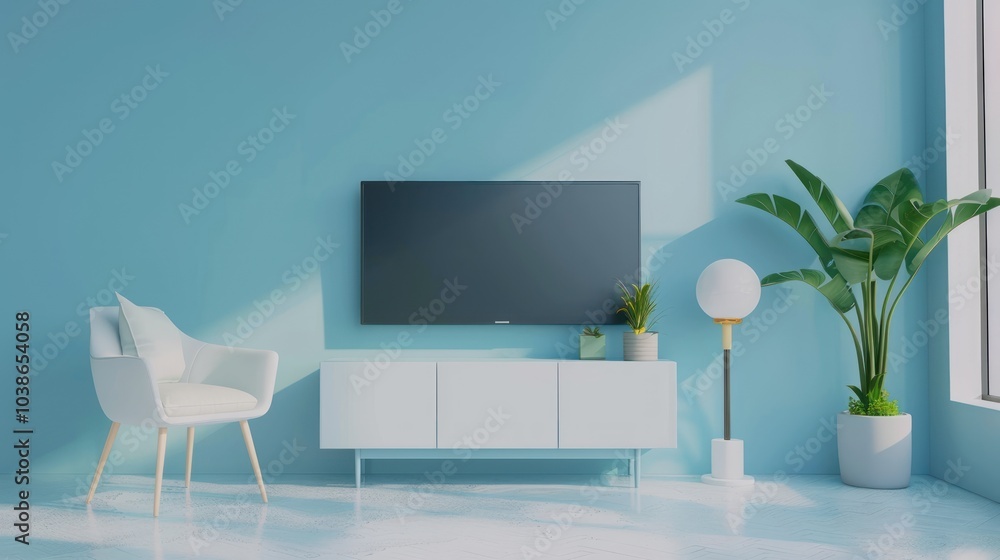 Fototapeta premium Minimalist interior with gray wall mounted Tv in cabinet, AI generated image