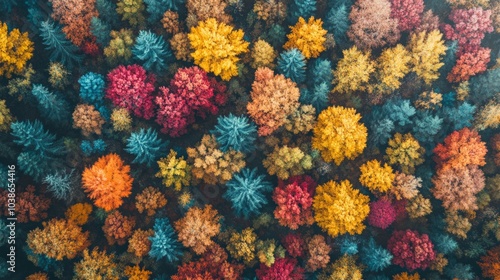 Aerial view of a small town surrounded by colorful autumn trees and a golden sunset.