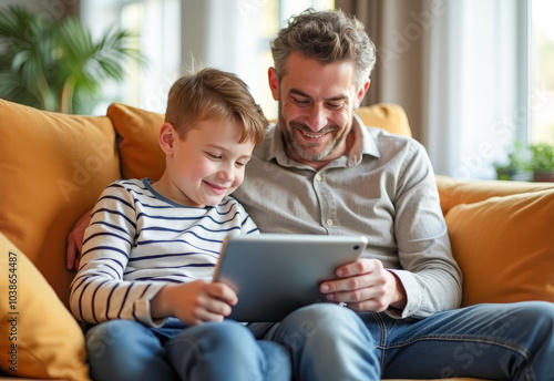 father and son are sitting on the couch looking at a tablet and laughing