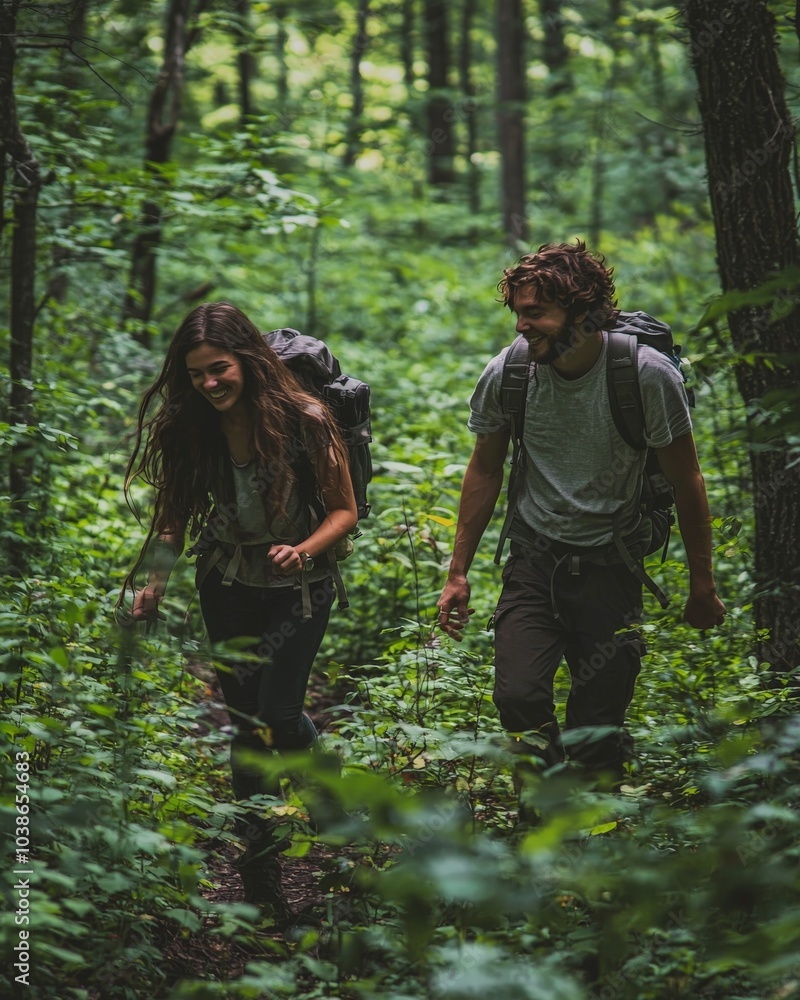 a young couple joyfully hiking through a lush green forrest a young couple joyfully hiking through a lush green forrest