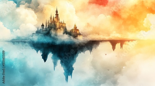 Floating castles in pastel skies, enchanting landscapes, whimsical fantasy, vibrant rainbows, serene watercolor dreamscape photo