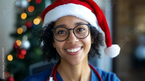 Smiling mixed race Nurse in Santa Hat Celebrates Christmas at the Hospital: Festive Cheer and Healthcare