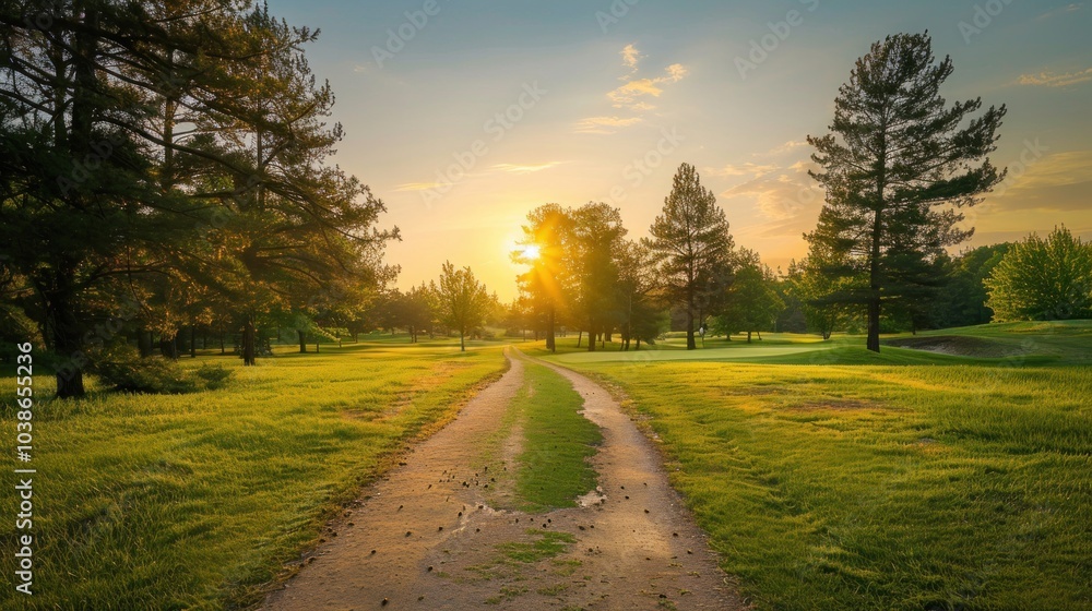 Fototapeta premium A winding dirt road leads to the green fairway of an elegant golf course
