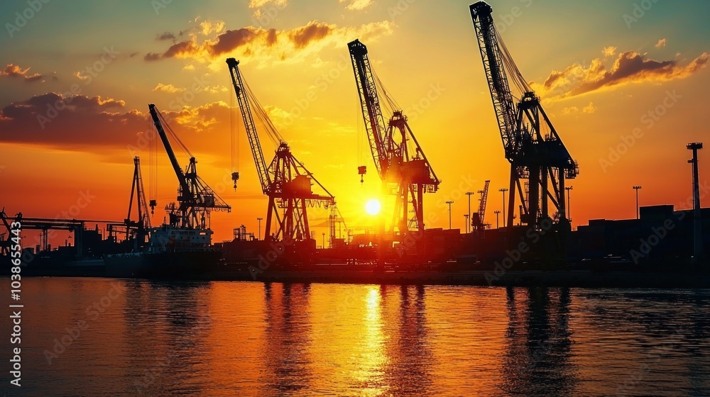 Cargo cranes in operation at a large seaport, silhouetted against a sunset with ships in the background. Cargo cranes in operation at a large seaport, silhouetted against a sunset with ships in the background.