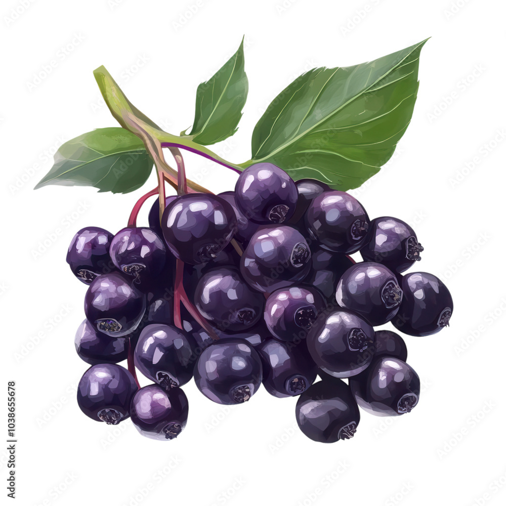 A fresh elderberry clipart, fruit element, digital painting, dark purple cluster, isolated on white background A fresh elderberry clipart, fruit element, digital painting, dark purple cluster, isolated on white background