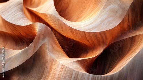Fototapeta Naklejka Na Ścianę i Meble -  3D wood artwork featuring dynamic curves and smooth, flowing shapes in a natural texture.