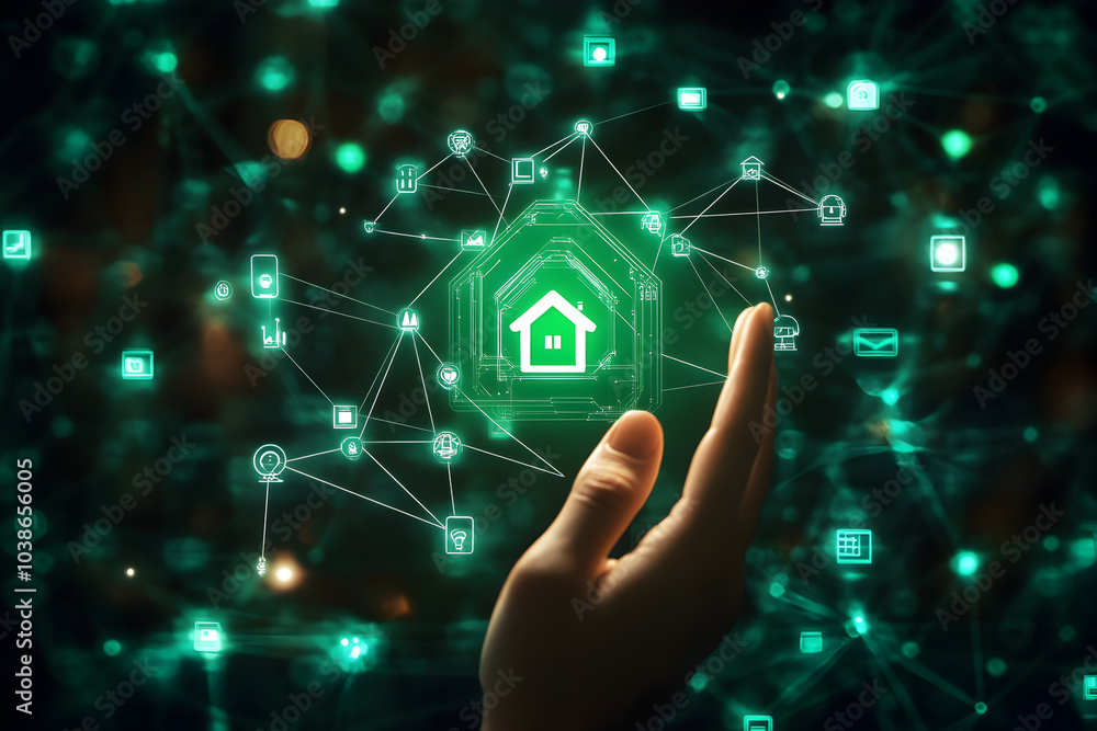 Hand Interacting with Smart Home Network Concept Hand Interacting with Smart Home Network Concept