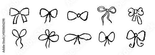 Set of bows drawing by pastel or charcoal pencil. Black chalk bow gift ribbon line simple element on white chalkboard background. Like children's drawing bowknot collection. Vector illustration.