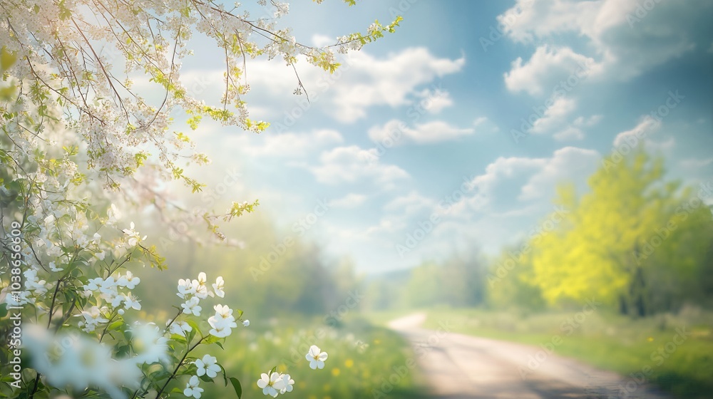 A serene spring scene with flowering willows, a winding road, and a tranquil blue sky invites contemplation. A serene spring scene with flowering willows, a winding road, and a tranquil blue sky invites contemplation.
