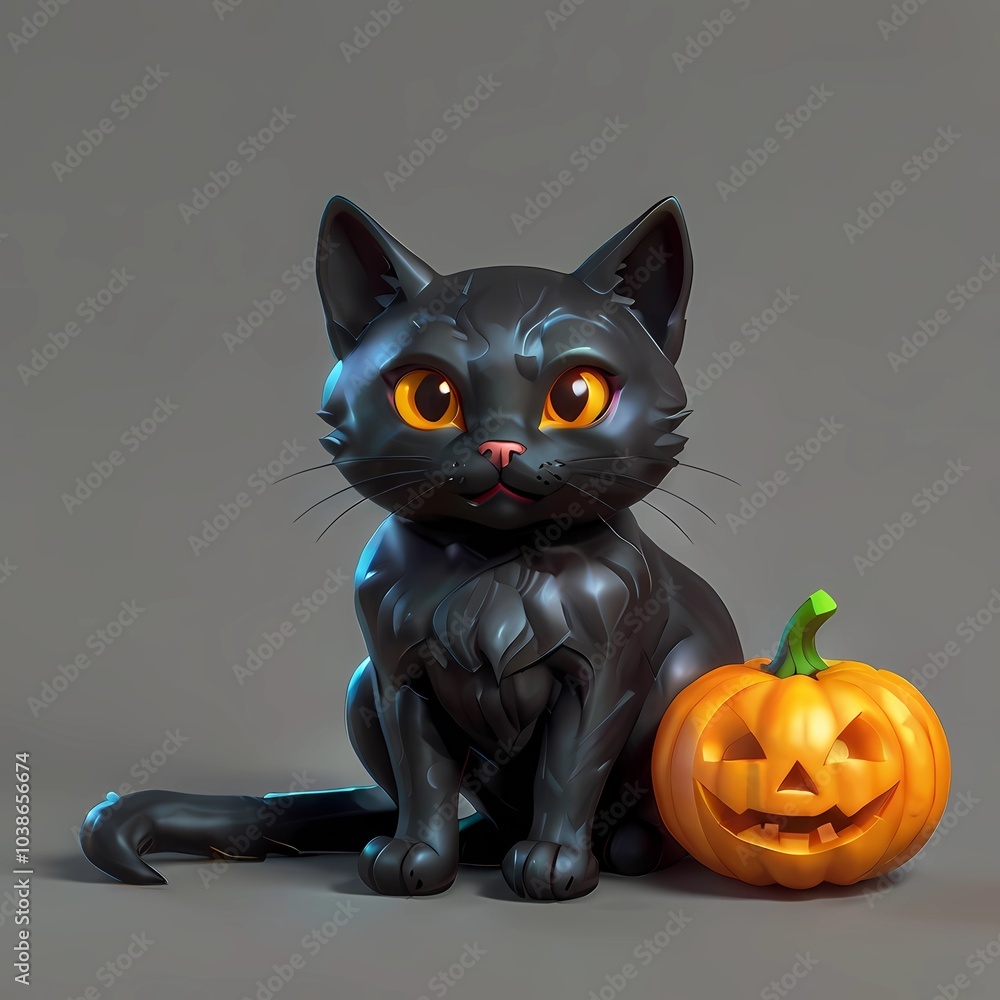 3D Halloween Black Cat Sitting With A Jack O Lantern Pumpkin 3D Halloween Black Cat Sitting With A Jack O Lantern Pumpkin