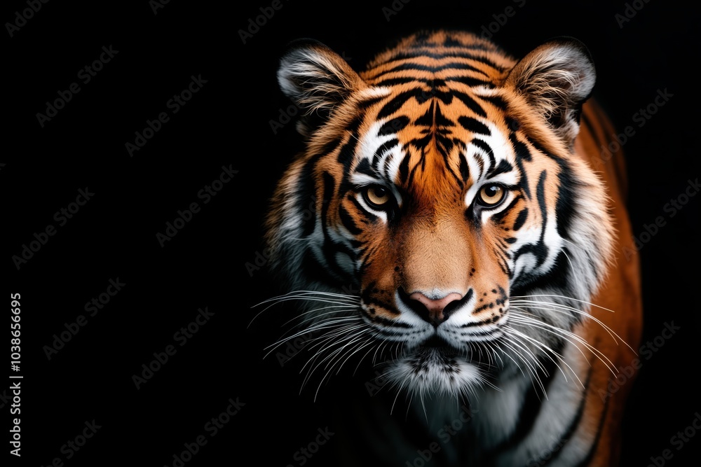 Fototapeta premium Tiger prowling in the dark, showcasing fierce expression and powerful physique. Generative AI
