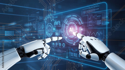 Futuristic Robot Hand Interacting with Holographic Data Web Generative AI