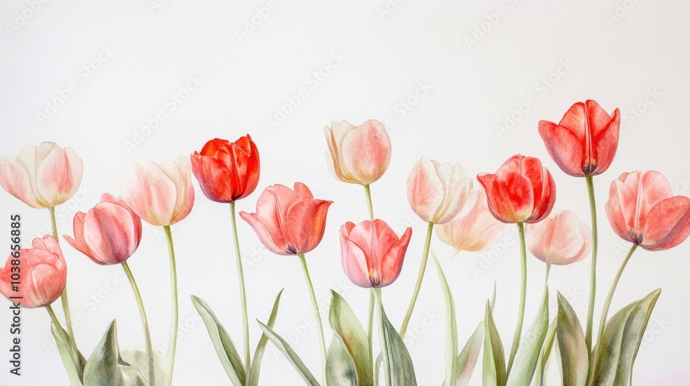A beautiful arrangement of pink and red tulips against a soft white background. A beautiful arrangement of pink and red tulips against a soft white background.