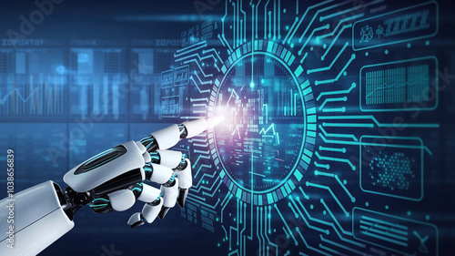 Futuristic Robot Hand Interacting with Holographic Data Web Generative AI