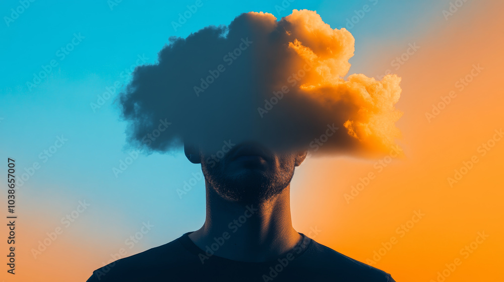 silhouette of person with storm cloud above their head, creating surreal and thought provoking image. contrasting colors evoke sense of mystery and introspection silhouette of person with storm cloud above their head, creating surreal and thought provoking image. contrasting colors evoke sense of mystery and introspection