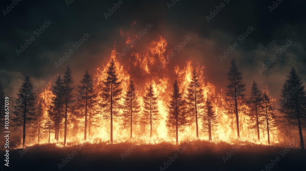 Intense forest wildfire, fiery trees illuminated against a stormy sky, dynamic 3D illustration capturing the chaos of nature's fury Intense forest wildfire, fiery trees illuminated against a stormy sky, dynamic 3D illustration capturing the chaos of nature's fury