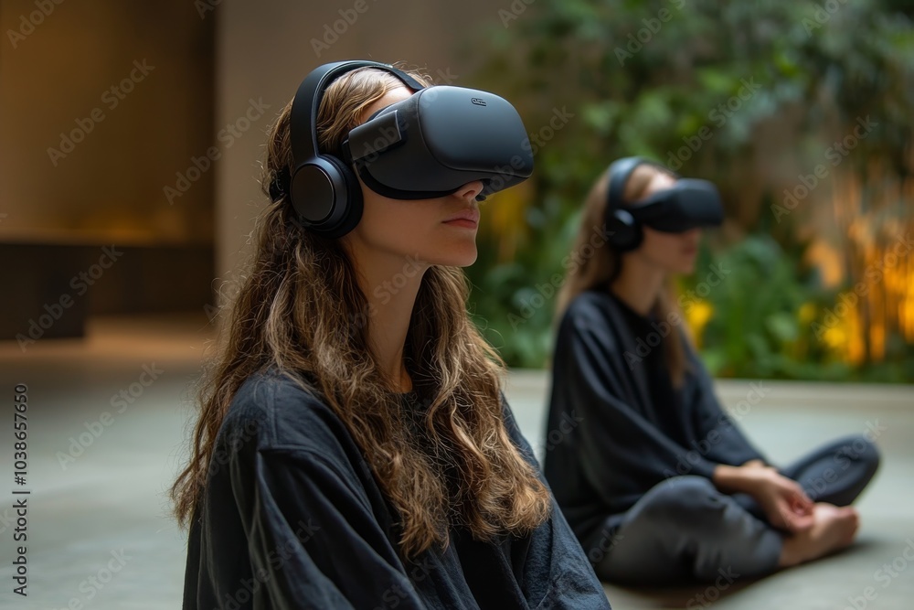 Two Women Wearing Virtual Reality Headsets Sitting In Meditation Pose Two Women Wearing Virtual Reality Headsets Sitting In Meditation Pose