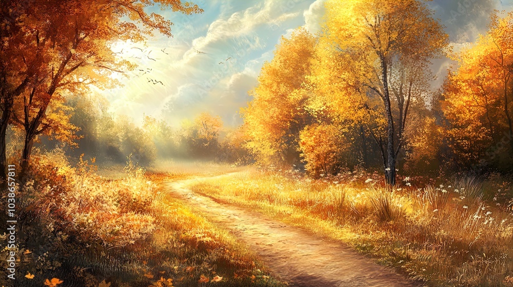 A serene landscape during autumn showcases a winding dirt path bordered by vibrant trees adorned with golden and orange foliage. The sunlight filters through the branches, illuminating the scene with A serene landscape during autumn showcases a winding dirt path bordered by vibrant trees adorned with golden and orange foliage. The sunlight filters through the branches, illuminating the scene with