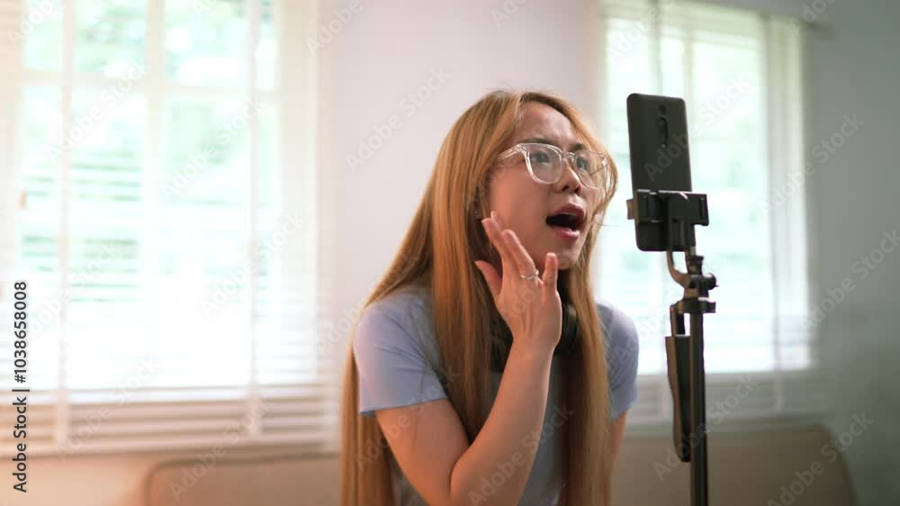 A young woman in a light blue shirt with headphones around her neck is standing in front of a microphone. She appears to be recording or preparing for an audio session. A young woman in a light blue shirt with headphones around her neck is standing in front of a microphone. She appears to be recording or preparing for an audio session.