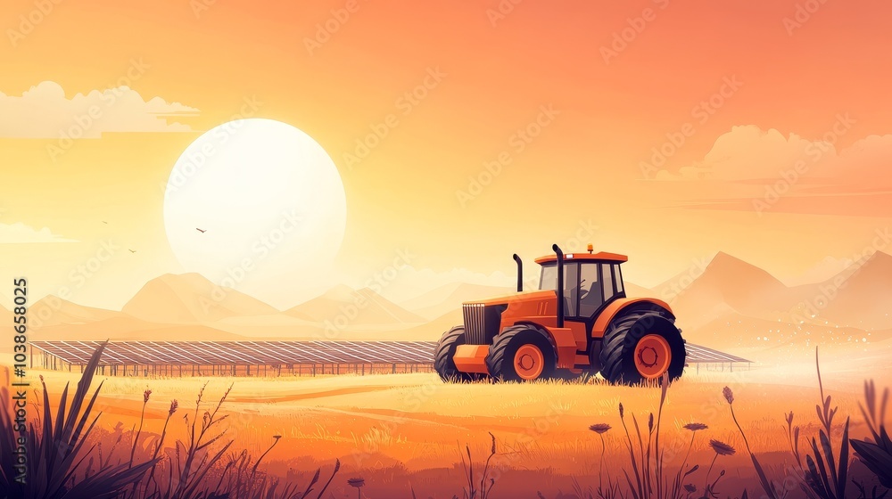 Obraz premium Futuristic agricultural landscape, solar-powered machinery, endless vibrant fields, showcasing innovative techniques in a sci-fi setting