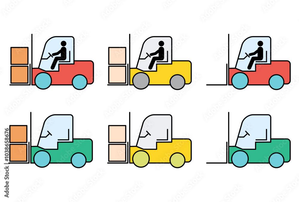 Fototapeta premium Set of Forklift transport icon, industry vehicle machine symbol, fork truck warehouse vector illustration