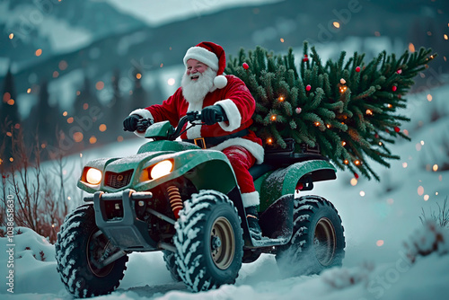 ATV with santa claus, gift boxes in rucksack. Santa Riding An quad bike. Santa Claus on sport racing vehicle wearing red costume. dressed Senior Man. riding in mountain of Lapland forest. evening time photo