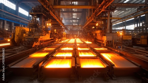 An industrial steel plant with towering machinery, producing high-grade steel for construction.