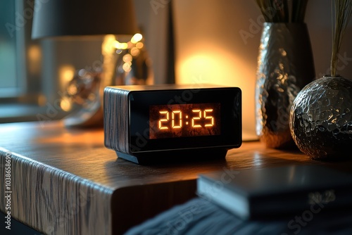 Modern digital alarm clock on cozy wooden nightstand with warm lighting photo