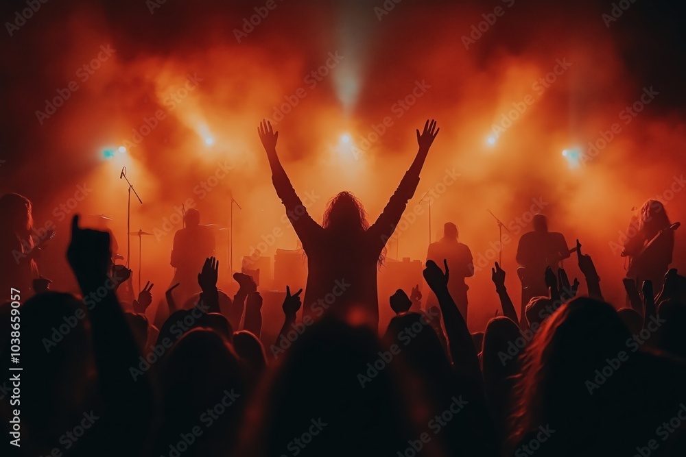 Excited crowd enjoying a concert under vibrant light beams at nighttime. Generative AI Excited crowd enjoying a concert under vibrant light beams at nighttime. Generative AI