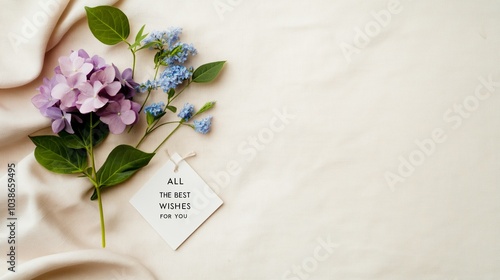 Elegant purple hydrangea and blue flowers on a soft cloth background with a greeting card expressing best wishes. Ideal for celebration themes.