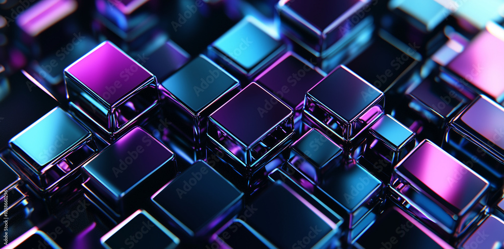 Photorealistic Close-Up of Metallic Cubes with Reflective Surfaces and Neon Colors Photorealistic Close-Up of Metallic Cubes with Reflective Surfaces and Neon Colors