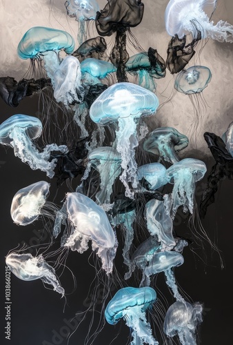 A cluster of jellyfish with translucent bodies and long tentacles, swimming in a dark blue water, with a beam of light shining from above. photo