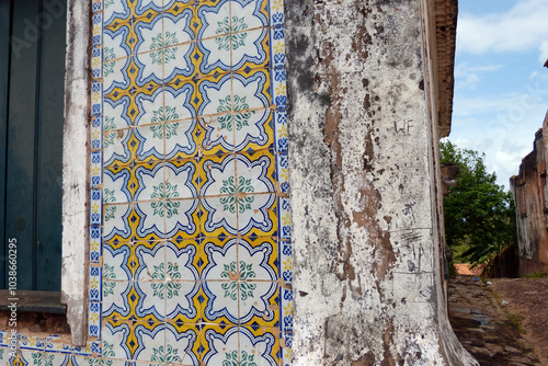 Facade of a historic building with Portuguese tiles in ruins in Alcantara-Maranhão