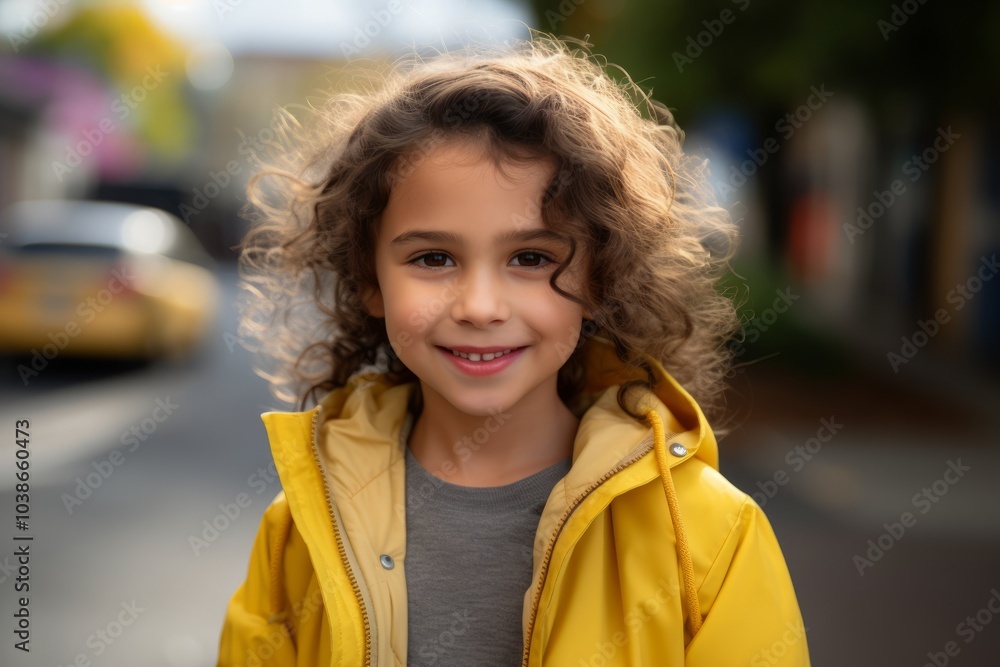 portrait of a little girl with curly hair in a yellow jacket on the street portrait of a little girl with curly hair in a yellow jacket on the street