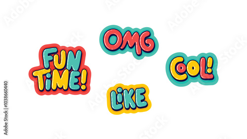 Sticker patches with fun expressions: Like, Cool, OMG, Fun Time. Trendy flat design badges and labels with cute typography icons. All in vector illustration.