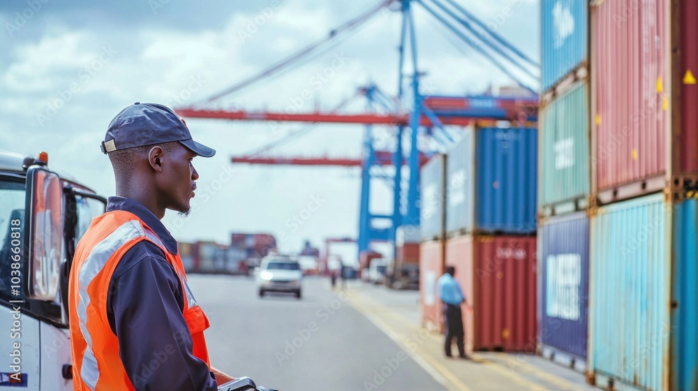 Security officers checking vehicles at the port’s security gate, with containers and cranes in the background. Security officers checking vehicles at the port’s security gate, with containers and cranes in the background.